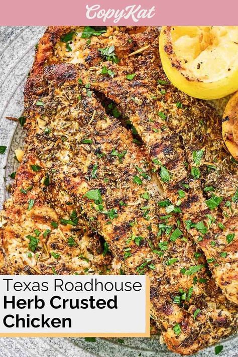 Get ready to recreate a steakhouse favorite in your kitchen with this easy Texas Roadhouse Herb Crusted Chicken copycat recipe! This succulent dish features tender chicken breasts seasoned with herbs and cooked to perfection. It’s a medley of flavors that's truly irresistible. Each bite is an incredibly flavorful experience. Get the easy recipe and find out how to make the best herb crusted chicken like Texas Roadhouse. Copycat Texas Roadhouse Herb Crusted Chicken, Texas Roadhouse Herb Crusted Chicken, Herb Crusted Chicken, Grilled Chicken Alfredo, Costco Chicken Bake, Fiesta Lime Chicken, Steakhouse Recipes, Crusted Chicken Breast, Costco Chicken