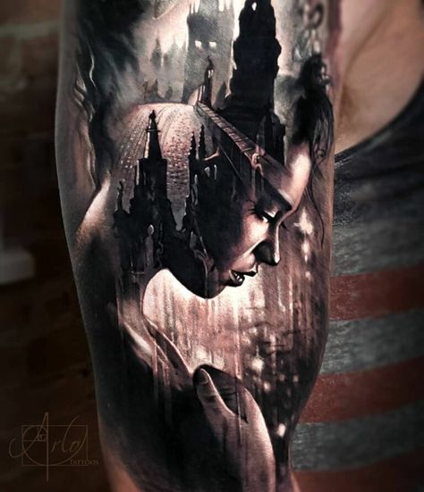 Beautiful Surrealist Double-Exposure Tattoos Mash Up People, Architecture & Nature - KickAss Things Arlo Tattoo, Arlo Dicristina, Photo Realism Tattoo, Art Chicano, Usa Tattoo, Chicano Tattoos, Tattoo Girls, World Tattoo, Full Sleeve Tattoos