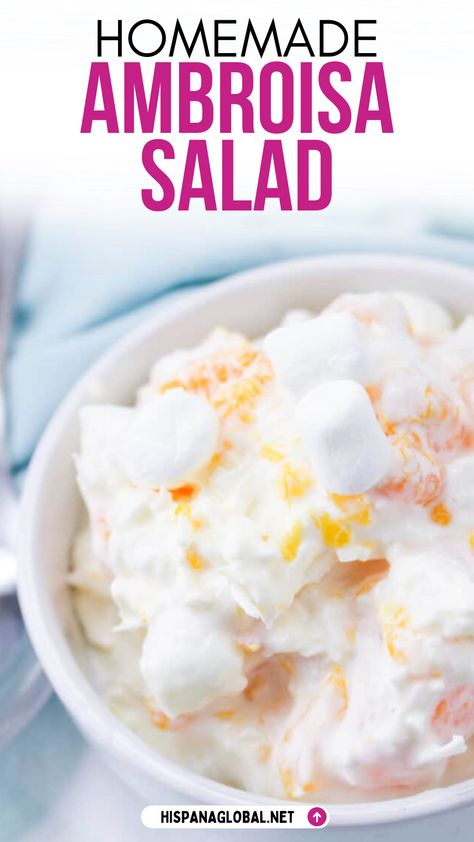 Ambrosia Salad is a creamy fruit salad loaded with pineapple, mandarin oranges, coconut and miniature fruit-flavored marshmallows. Best Ambrosia Salad, Easy Ambrosia Salad, Ambrosia Salad Recipe, Creamy Fruit Salad, Ambrosia Recipe, Ambrosia Fruit Salad, Creamy Fruit Salads, Miniature Fruit, Thanksgiving Snacks