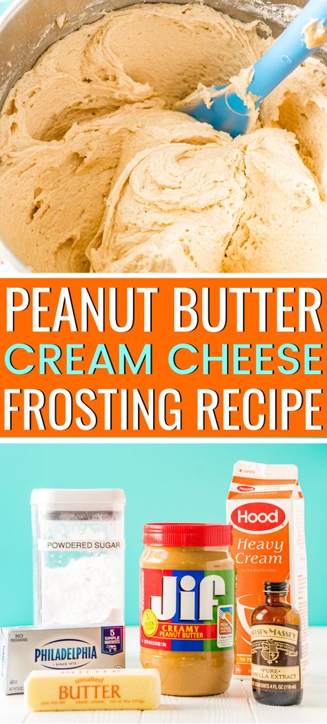 This Peanut Butter Cream Cheese Frosting is a tangy and sweet buttercream recipe made with peanut butter, butter, cream cheese, heavy cream, powdered sugar, and vanilla that takes just 5 minutes to make! #peanutbutter #creamcheese #frosting #dessert Peanut Butter Butter Cream, Peanut Butter Cream Cheese Frosting, Peanut Butter Frosting Recipe, Peanut Butter Cream Cheese, Peanut Butter Icing, Peanut Butter Cream, Whipped Cream Cheese Frosting, Butter Cream Cheese Frosting, Cream Cheese Buttercream