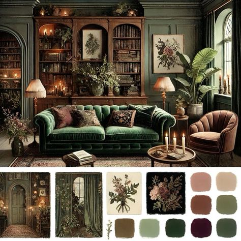 Dark Green And Wood Interior Design, Forest Core Home Decor, Regency Cottage Interiors, Dark Green And Walnut Living Room, Green English Living Room, Green Parlor Room, Dark Botanical Aesthetic Living Room, Vintage Botanical Aesthetic Room, Green Couch Decor Ideas