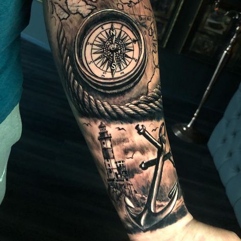 Check out this nautical tattoo Stefan did yesterday. Brilliant. To book with Stefan or any of our amazing artists, please email… Navy Tattoos For Men, Nautical Themed Tattoos, Marine Tattoos, Nautical Tattoos, Nautical Tattoo Sleeve, Navy Tattoos, Redemption Tattoo, Anker Tattoo, Pirate Tattoo