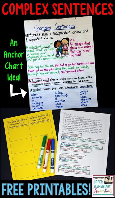 Complex Sentences Anchor Chart, Complex Sentences Activities, Sentence Anchor Chart, Complex Sentence, 6th Grade Writing, Subordinating Conjunctions, Sentence Activities, 5th Grade Writing, 4th Grade Writing