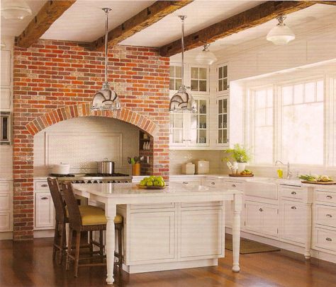 Brick Range Surround, Brick Stove Backsplash, Brick Around Stove, Brick Alcove In Kitchen, White Kitchen Brick Wall, Brick Arch Over Kitchen Stove, Brick Around Stove In Kitchen, Brick Arch Over Stove, Brick Stove Hood