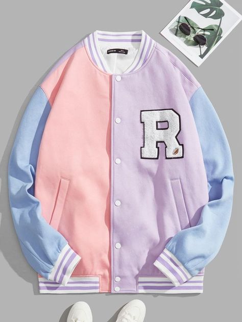 Pastel Varsity Jacket, Varsity Jacket Outfit Women, Patches On Jacket, Carhartt Denim Jacket, Baseball Jacket Outfit, Pastel Jacket, Armani Sweatshirt, Men Outerwear, Shein Men