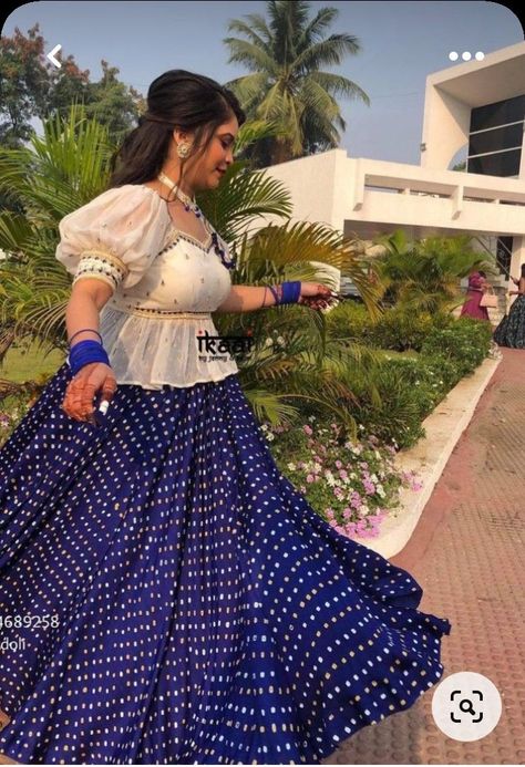 beautiful gujarati lehenga for blue colour Bandani Lehengas Designs, Bandhni Lehenga Designs, Bandhni Chaniyacholi, Bandhani Chaniya Choli Designs, Chaniya Choli Designs Weddings Latest, Bandhani Gown, Gujarati Lehenga, Chaniya Choli Designs, Long Blouse Designs