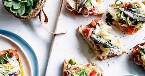 White anchovy dakos | Gourmet Traveller Anchovies Recipes, White Anchovies, Anchovy Recipes, Entertaining Recipes, On Toast, Starters Recipes, Anchovies, Chef Recipes, Greek Recipes