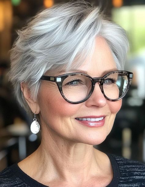 30 Pixie Haircuts For Women Over 60 with Glasses Eyeglasses For Women Over 60 Gray Hair, Glasses For Women With Gray Hair, Pixie Haircut Glasses, Bobs With Glasses, Knotless Braids Parts, Short Grey Hair Over 60 With Glasses, Short Hair Over 60 With Glasses, Gray Pixie Haircut Over 50, Pixie With Glasses