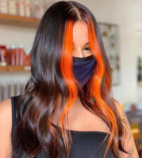 Money Piece Hair Orange, Neon Orange Money Piece Hair, Black Hair Colored Money Piece, Halloween Money Piece Hair, Orange Money Piece Hair Brunette, Brown Hair With Orange Money Piece, Black Hair With Ginger Money Piece, Neon Money Piece Hair, Colored Money Pieces On Dark Hair