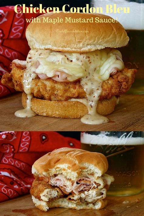 Chicken Cordon Bleu Sandwiches with Maple Mustard Sauce - Wildflour's Cottage Kitchen Cordon Bleu Sandwich, Chicken Cordon Bleu Sandwich, Maple Mustard Sauce, Resep Burger, Resep Sandwich, Maple Mustard, Chicken Cordon, Mustard Sauce, Chicken Cordon Bleu