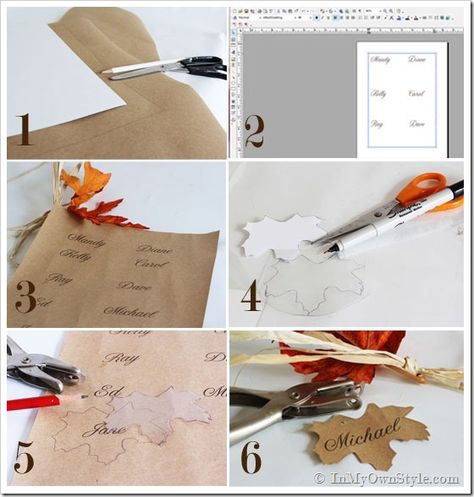 Dollar-Store-Leaf-and-Raffia Place Card Tutorial Leaf Table Setting, Place Cards Diy, Fall Place Cards, Diy Leaf, Diy Place Cards, Jane And Michael, Diy Leaves, Table Place Cards, Brown Paper Bag