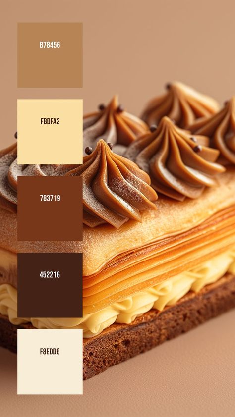 Colors: B78456 ° FBDFA2 ° 783719 ° 452216 ° F8EDD6 Peanut Butter Color Palette, Chocolate Color Combinations, Brown Swatches Colour Palettes, Dessert Colour Palette, Color Palette Chocolate Brown, Pastry Color Palette, Sweet Color Palette, Brown Pallete Color, Chocolate Colour Palette