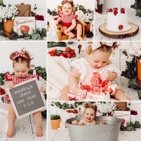 One Year Strawberry Pictures, Berry Sweet One Photoshoot, Strawberry Smash Cake Photos, Berry First Birthday Pictures, Strawberry First Birthday Pictures, Strawberry 1st Birthday Photoshoot, Berry First Birthday Photoshoot, Berry First Birthday Cake Smash, Strawberry 1st Birthday Party Theme