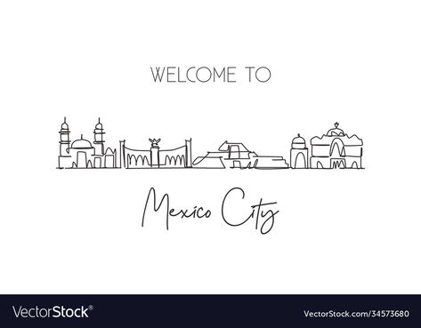 Mexico City Skyline, Skyline Drawing, Mexico Design, City Skylines, Awesome Tattoos, Continuous Line Drawing, Insta Ideas, Postcard Printing, Continuous Line