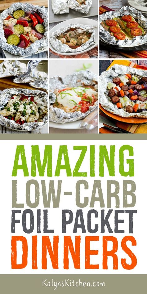 Here's a tasty collection of Amazing Low-Carb Foil Packet Dinners to cook on the grill, in the oven, or over the coals of a campfire, perfect for easy summer dinners! There's a big variety of low-foil dinner ideas from blogs around the web; enjoy! [found on KalynsKitchen.com] #kalynskitchen #LowCarbFoilDinners #LowCarbDinners #FoilPacketDinners #FoilDinners Foil Meals, Foil Pack Dinners, Foil Packet Dinners, Foil Pack Meals, Foil Dinners, Foil Packs, Foil Packet Meals, Easy Summer Dinners, Foil Packet