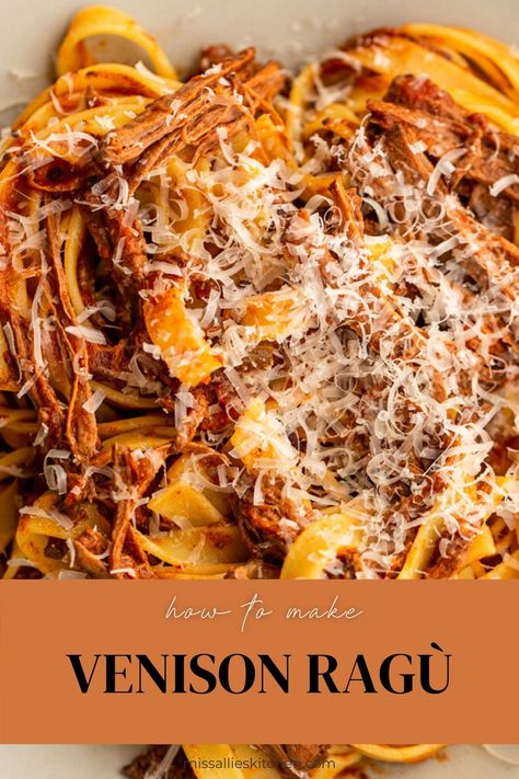 bowl of venison Ragu topped with parm cheese Venison Ragu Recipe, Venison Ravioli Recipe, Shredded Venison Recipes, Venison Pasta Recipes, Venison Ragu, Filling For Ravioli, Pulled Venison, Red Wine Tomato Sauce, Deer Roast