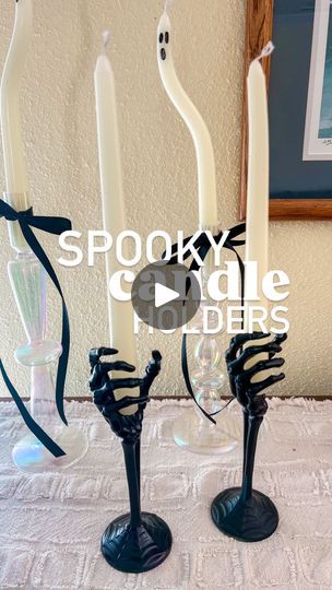 95K views · 12K reactions | diy skeleton hand candle holders 💀🕯️✨ why spend 20$ when you can make one for $1.25 

 I saw these skeleton candle holders at 🎯 and fell in love with them, but not for the 20$ price tag.

When I was at @dollartree I saw these skeleton champagne flutes and I had an idea brewing in my head! 

I ran home so quick and made these for a fraction of the price. I took the plastic cup part off, spray painted the skeleton hand, glued a thumb tack to hold the candle in place 

Perfect for your own spooky cute decor or to give as hostess gift 

save for inspo + share with friends who loves a good diy 

#halloween #halloweendiy #halloweendecor #diycrafts #spookyseason #spookycute #dollartree #dollartreediy #dollartreefinds #craftymom #craftymama #giftideas #halloweenhome Skeleton Hand Candle Holder Diy, Diy Witches Holding Hands, Skeleton Candle Holder, Halloween Hostess Gifts, Skeleton Candle, Diy Skeleton, Halloween Candlesticks, Thumb Tack, Diy Candle Sticks