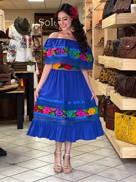 This Beautiful Off the Shoulder Mexican Dress has lace details throughout the dress. It's comfortable with elastic around the shoulder and waist, made out of cotton and is full of vibrant colors. Please note: You have the option of purchasing the dress with one of the two belt options shown for a special price or purchasing the dress on its own. Mexican Inspired Prom Dress, Salvadorian Dress, Traditional Mexican Dresses, Traditional Mexican Dress For Women, Mexican Attire Women, Mexican Party Outfit Women, Mexican Dress Outfit, Mexican Women Fashion, Hispanic Dresses