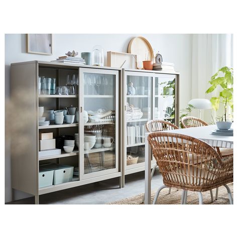 IDÅSEN Cabinet with sliding glass doors - beige - IKEA Dining Room Living Room Combo, Basement Tv Room, Low Bookshelves, Max Planck, Unique Dining Room, Sliding Glass Doors, Ikea Family, Shared Rooms, Rattan Chair