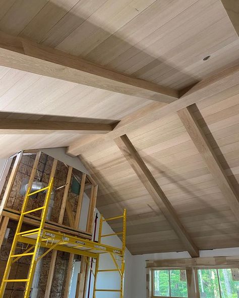 Ghiloni Custom Builders on Instagram: "This ceiling is going to be a showstopper! .. .. .. #whiteoak #wood #woodceiling #ceiling #ceilingbeams #masterbedroom #customhomes #custombuilt #custom #homesweethome #house #housebeautiful #housegoals #homegoals #beautifulhome #beautifulhomes #beautifulhomesofinstagram #cbushomes #columbusohio" Beams On Vaulted Ceiling Living Room, Wide Plank Wood Ceiling, Painted Wood Ceiling With Beams, Modern Suspended Ceiling, Orange Wood Ceiling, Cedar Beams Ceiling, Wood Ceiling Office, Tongue And Groove Cathedral Ceiling, Adding Wood Beams To Ceiling