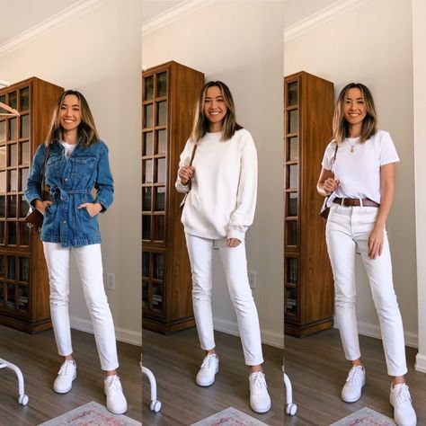 Transitional Spring Pieces Under $100 - LIFE WITH JAZZ White Jeans Denim Shirt, What To Wear Under White Pants, White Tshirt And Jeans, Life With Jazz, Jeans White Sneakers, Meeting Outfit, Outfits Jeans, 2022 Style, Business Casual Outfits For Work