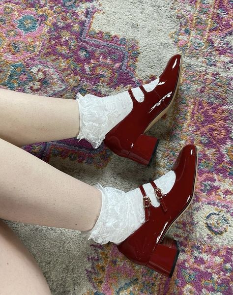 Cherry Red Shoes Outfit, Red Shoes Aesthetic, Red Mary Janes Outfit, Red Mary Janes, Red Mary Jane Shoes, Dr Shoes, Aesthetic Shoes, Swag Shoes, Jane Shoes