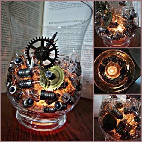 Make your Own Steampunk candle Steampunk Decor Diy, Steampunk Party Decorations, Steampunk Wedding Decorations, Steampunk Candle Holder, Diy Party Table Decorations, Steampunk Home Decor, Punk Wedding, Steampunk Party, Birthday Party Table Decorations