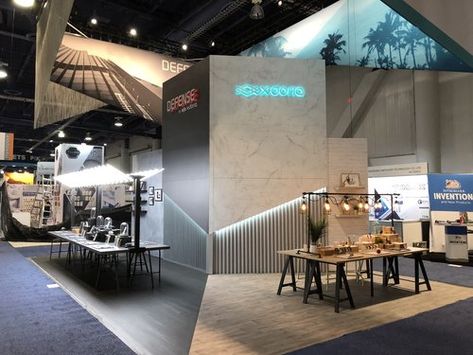 X-Doria : CES Top 20 — Felix Tsoi L Shaped Booth, L Shape Table, Table Booth, Industrial Lofts, Trade Show Exhibit, Industrial Space, Concrete Table, Steel Beams, Shipping Container House