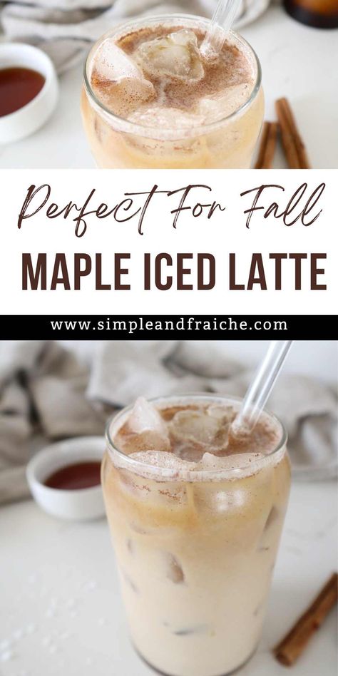 This Iced Maple Latte is a delicious beverage that combines the rich, bold flavors of coffee and creamy milk with naturally sweet maple syrup. It's slightly sweet and perfect for the fall season. This beverage comes together in only a couple of minutes, making it perfect for a busy morning or a mid-day pick-me-up. Maple Iced Coffee, Maple Syrup Drinks, Salted Caramel Iced Coffee, Almond Butter Banana Bread, Maple Latte Recipe, Fall Coffee Recipes, Maple Latte, Iced Latte Recipe, Spice Sugar Cookies