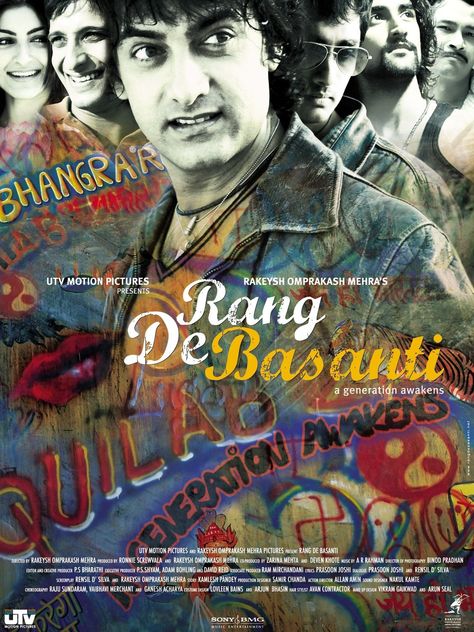 Rang de Basanti Rang De Basanti Poster, Helmet Graffiti, Rang De Basanti, Movie Library, Bollywood Poster, Cinema Stills, Best Bollywood Movies, Old Film Posters, Bollywood Posters