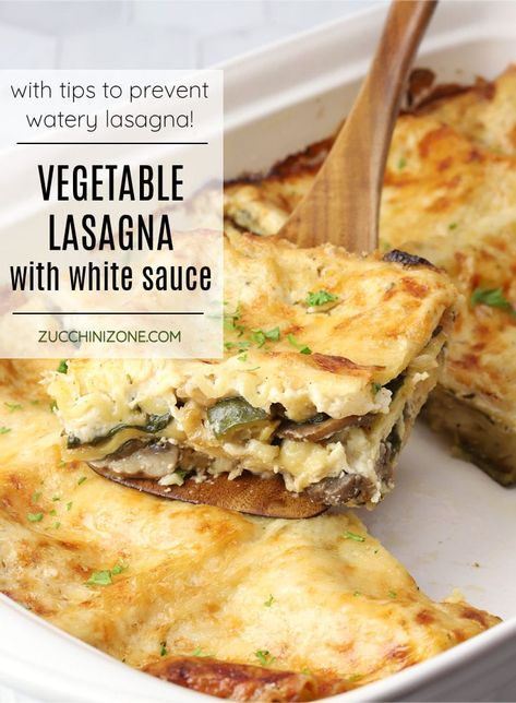 Vegetable lasagna with white sauce recipe by Zucchini Zone. Vegetable lasagna with white sauce is a creamy, cheesy lasagna that's packed with nutritious veggies. Lasagna noodles and sauteed veggies are layered with a velvety bechamel sauce and two types of cheese. #vegetablelasagna #whitesaucelasagna #bechamelsauce #vegetarianlasagna #lasagna #recipe Veggie Lasagna Bechamel, White Eggplant Lasagna, Tomato Free Lasagna Recipe, Vegetable Lasagne With Bechamel Sauce, Veggie Lasagna Recipe With Ricotta, Vegetarian Lasagna Recipe Vegetable Lasagne White Sauce, Vegetable Lasagna With Bechamel Sauce, Veggie Zucchini Lasagna, Veggie Lasagna With White Sauce