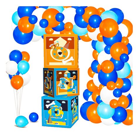 PRICES MAY VARY. [You will receive] -3pcs blue orange dogs balloon boxes decorations, the size of each box is 11.8×11.8×11.8inch. This set of great 1st birthday party display decorations. (Note: This set of decorations does not include balloons). [HAPPY ONE BIRTHDAY BOX] - This happy 1ST birthday balloon boxes is designed in blue and orange, with letter O, N, E and other birthday elements on the surface, clear and bright to make your baby 1 year old birthday party more attractive. Your baby love Dog 2nd Birthday, Dog 1st Birthday Party, Baby First Birthday Decorations, Second Birthday Decorations, Dog 1st Birthday, Balloon Boxes, Baby Party Decorations, Orange Theme, 1st Birthday Balloons