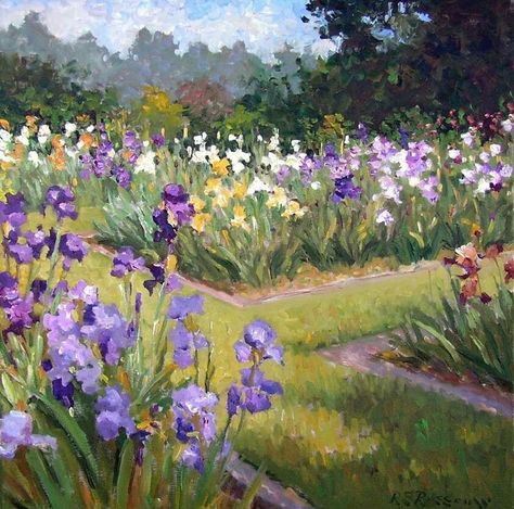 Roelof Rossouw, White Flower Painting, Flowers In A Field, Purple And White Flowers, Iris Painting, Monet Paintings, Abstract Flower Painting, Garden Painting, Beautiful Painting