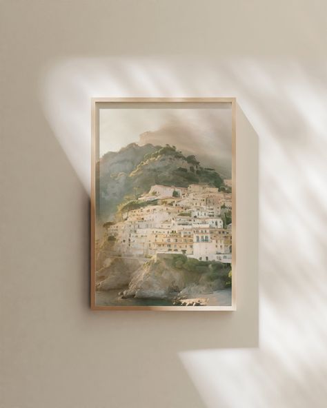 FINE ART 𝐏𝐑𝐈𝐍𝐓 | PAINTING | WALL 𝐀𝐑𝐓 |  Amalfi Coast, Italy - Painting Print  Experience the beauty of this Italian coast, with a muted, neutral color palette and a minimalistic touch, this artwork evokes a sense of tranquility and peace.  Details: - Orientation: Vertical - Painting | professionally printed rendition  - High-quality print on Giclee fine art paper or Canvas Gallery Wrap for larger sizes - Frame not included Please note: Colors may vary slightly due to different monitor se Classical Wall Art, Amalfi Coast Wall Art, Peaceful Art Painting, Oil Painting Italy, Old Money Artwork, Neutral Artwork Living Room, Framed Prints On Wall, Minimalistic Painting Ideas, Painting Above Fireplace