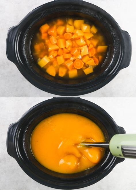 This delicious Slow Cooker Butternut Squash and Sweet Potato Soup is creamy, rich and packed with veggies. #slowcookersoup #fallsoup #butternutsquashsoup #butternutsquashsweetpotato #healthysoup #vegansoup Slow Cooker Butternut Squash Soup, Squash And Sweet Potato Soup, Butternut Squash Soup Creamy, Butternut Squash And Sweet Potato, Slow Cooker Butternut Squash, Crockpot Express, Meatless Dishes, Carrot Soup Recipes, Soup Creamy