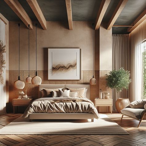 It should feature a large bed with a high headboard, two matching bedside tables, a plush rug, and statement lighting fixtures. Include elements of Italian decor like terracotta tiles, exposed wood beams, and neutral-toned linen curtains. The color scheme should primarily consist of warm earth tones. A minimalistic artwork on the wall and a stylish chaise longue near a window adorned with greenery will complete the look. Modern Lodge Interior, Earthy Tones Bedroom, Rustic Hotel, Rustic Bedroom Inspiration, Modern Lodge, Bedroom Oasis, Hotel Interior Design, Hotel Furniture, Wooden Beams