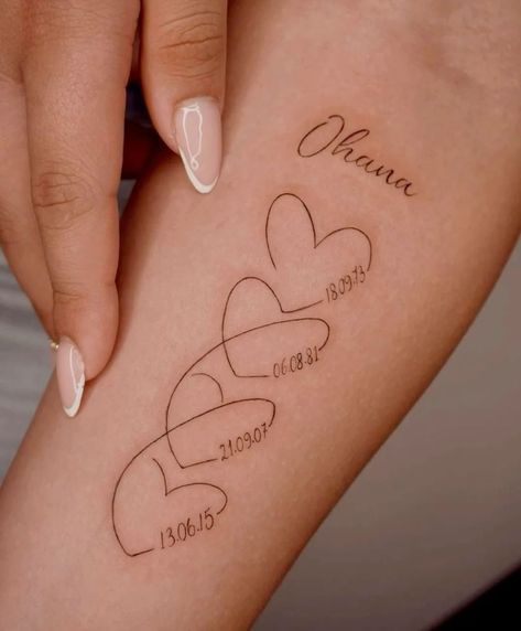 Heart Tattoo With Birthdates, Italian Sibling Tattoos, Tattoo For Siblings Names, Siblings Names Tattoo, Sibling Heart Tattoos, 4 Hearts Tattoo, Heart Tattoos With Names, Dolphin Tattoo, Tiny Heart Tattoos