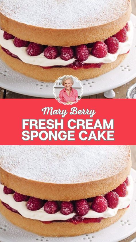 Mary Berry Fresh Cream Sponge Cake Mary Berry Victoria Sponge Recipe, Mary Berry Victoria Sponge, Mary Berry Desserts, Mary Berry Baking, Victoria Sponge Cake Recipe, Victoria Sponge Recipe, Berry Cake Recipe, Fluffy Layers, Mary Berry Recipes