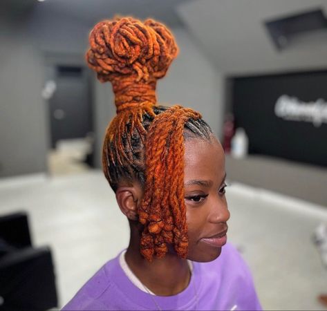 Mohawk Loc Styles, Updo Styles For Locs, Mohawk Loc Styles Black Women, Dreadlocks Mohawk, Loc Styles Black Women, Orange Dreadlocks, Styles For Locs, Color Locs, Dyed Locs