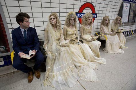 Miss Havishams take to the London Underground to promote a special screening of Great Expectations on Drama Miss Havisham, American Exceptionalism, London Pictures, Mary Magdalene, Great Expectations, Modern Fantasy, London Underground, Urban Fantasy, Moon Goddess