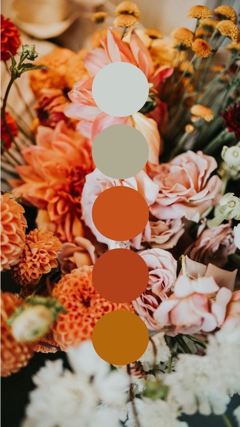 Sunset Tones Wedding, Wedding Flowers Sunset Colors, Fall Floral Color Palette, Warm Tone Wedding Colors, Warm Tones Color Palette, Warm Wedding Colors, Warm Tone Wedding, Warm Toned Wedding, Flowers Color Palette