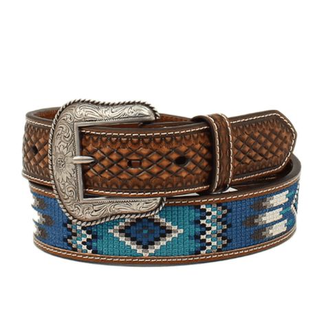 Ariat Men's Southwestern Brown & Blue Embroidered Belt A1038702 Embroidered Belt, Southwestern Patterns, M F, Mens Belts, Western Wear, Belt Buckles, Belts, Genuine Leather, Buckle