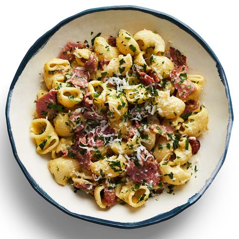 Pastrami Carbonara. Say you're the bacon with pasta type of person but you've run out of bacon, so now what do you do? You add pastrami!