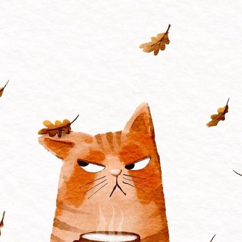 Fall Cat Illustration, Cat Faces Illustration, Grumpy Cat Illustration, Easy Watercolor Illustration, Autumn Cat Drawing, Cat Watercolor Paintings Easy, Autumn Cat Illustration, Animals Painting Easy, Simple Cat Illustration