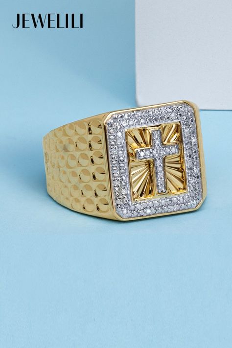 Boost your everyday style with the Yellow Gold Over Sterling Silver Diamond Cross Texture Men's Ring. Featuring a stunning design with shimmering diamonds, this ring boasts a textured surface that adds a unique edge to any outfit, whether casual or formal. It's the perfect accessory for any occasion, a symbol of timeless elegance. This exquisite piece also makes a meaningful gift for special moments, whether it's an anniversary, milestone celebration, or just because. Ring With Cross, Diamond Cross, Mens Ring, Men's Ring, Special Moments, Silver Diamonds, Everyday Style, Meaningful Gifts, Round Diamond