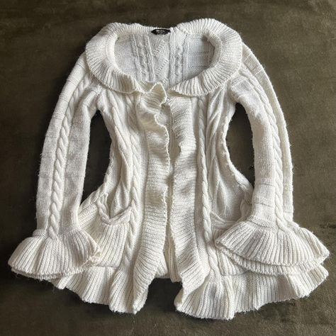 Coquette white ruffle cardigan. Mori kei fairy knit... - Depop Abbey Core, Thrift Outfits Ideas, Thrift Outfits, Fairy Vibe, Coquette White, Y2k Cardigan, Ruffle Cardigan, Grunge 2000s, Mori Kei