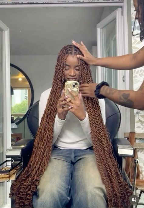 Brown Twist Braids Hairstyles, Dark Skin Brown Braids, Honey Blonde Senegalese Twist, Brown Island Twist, Braids Brown And Black, Brown Twist Braids, Brown Passion Twists, Brown Braids For Black Women, Island Twist Braids