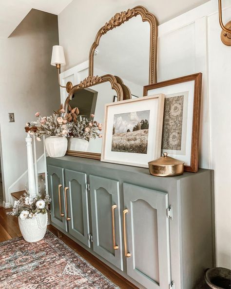 Entryway Design, Buffet Decor, Sophisticated Decor, Entry Way Design, Vintage Mirrors, Easter Weekend, Entry Table, Farmhouse Wall Decor, Flipping Furniture