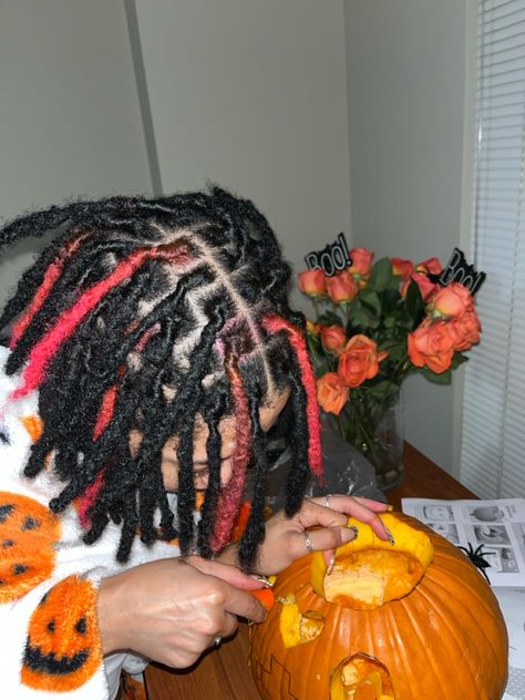 pink and black locs. pumpkin carving. Dyed Locks Men, Black Locs With Highlights, Pink And Black Dreads, Red And Black Dreads, Red And Black Locs, Pink And Black Locs, Loc Versatility, Dreads Color, Dread Ideas