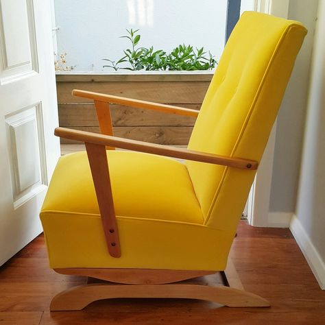 Yellow velvet mid century rocking chair Mid Century Rocking Chair, Restored Furniture, Rocking Armchair, Nursery Chair, Nursery Baby Room, Selling Furniture, New York Style, Furniture Restoration, Rocking Chair